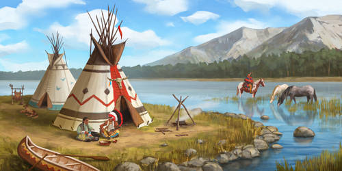 Native American camp. Environment concept art