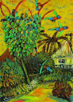 'lorikeets In The Umbrella Tree' 90cmx70cm