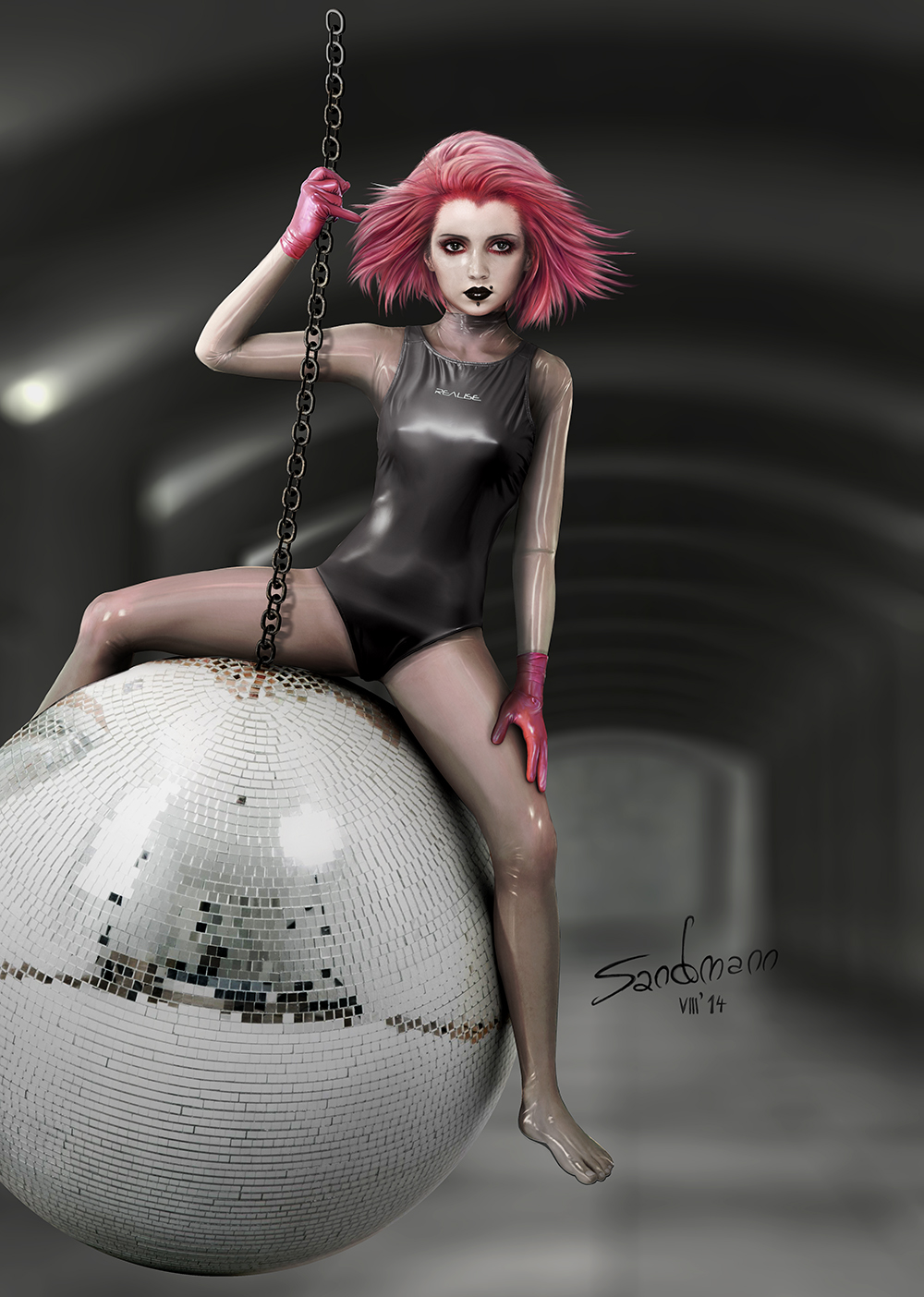 goth girl in REALISE swimsuit on the disco ball