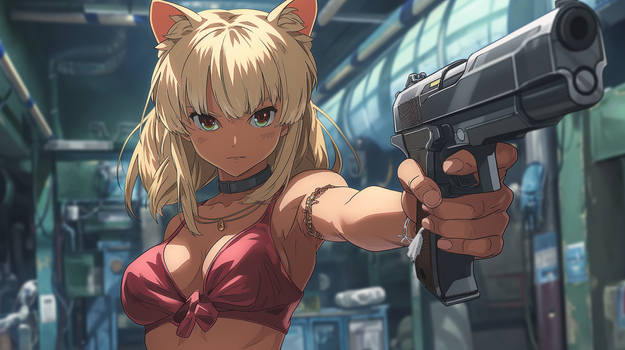 Super Fierce Cat Girl Holding Gun