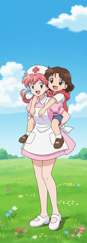 Nurse Joy giving Laura a piggyback ride