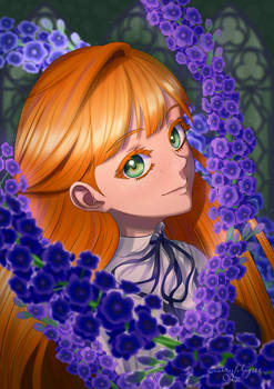 Girl With Delphiniums