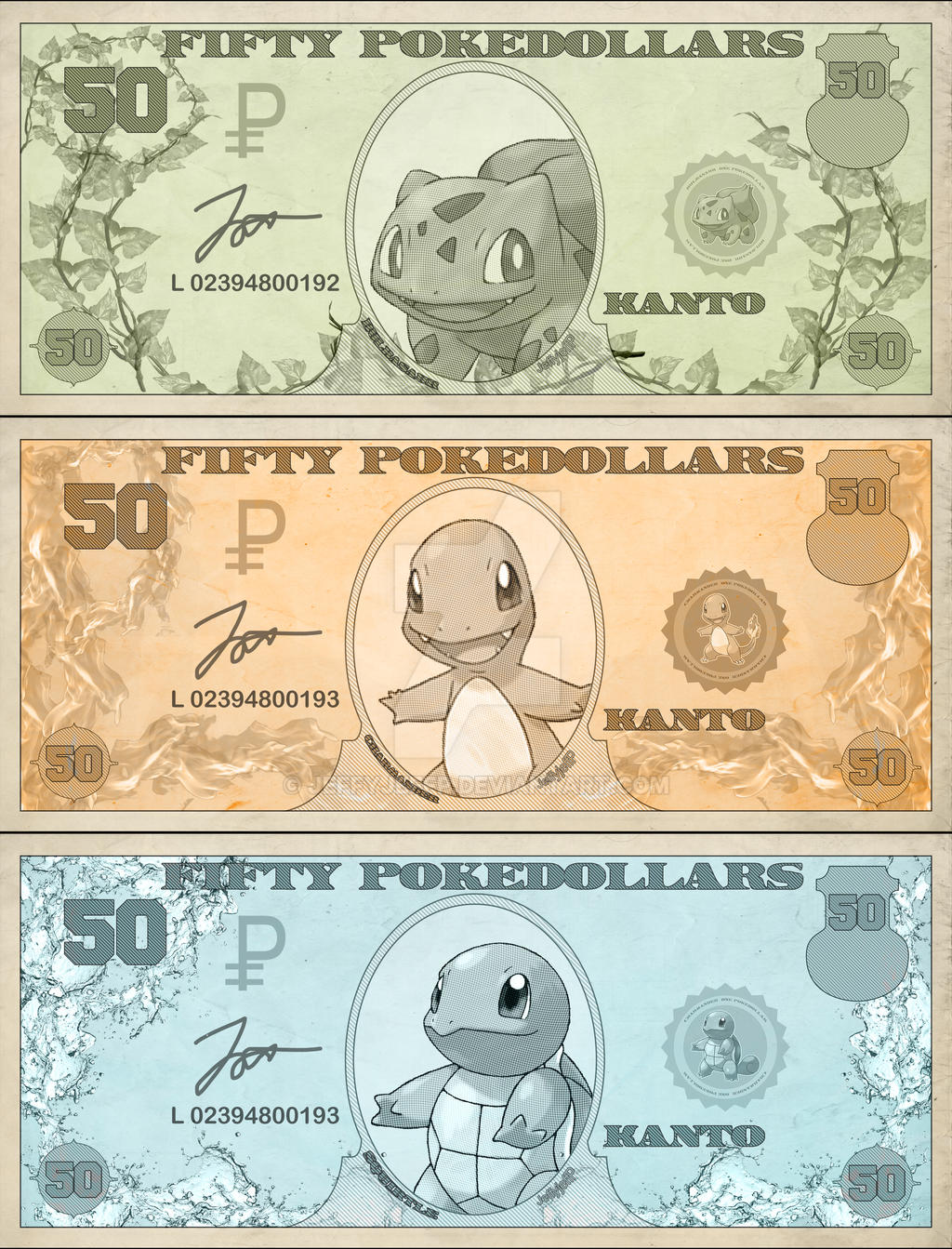 Kanto Starters 50 Pokedollars by Jeffyjeffp on DeviantArt