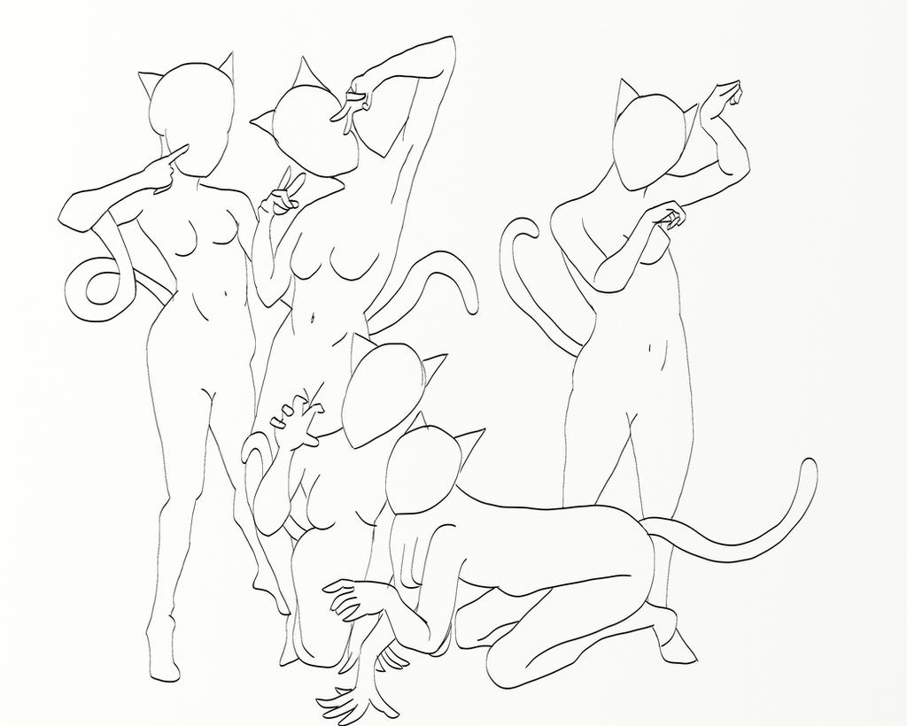 Cat Girl Group Lineart