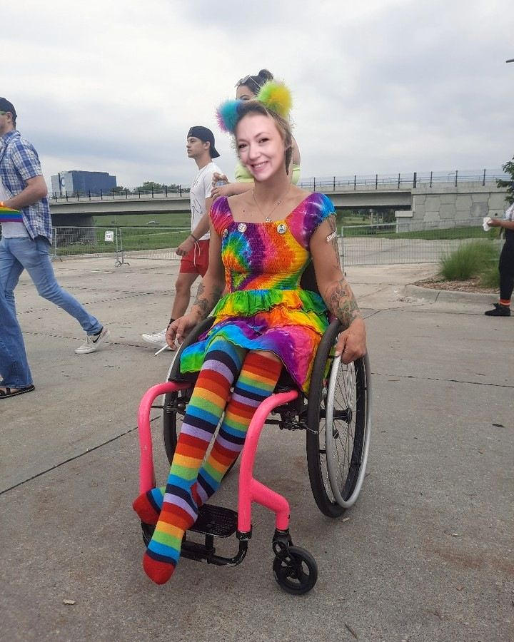 katie smiling in a wheelchair in rainbow leggings by tecno122288 on katie smiling in a wheelchair in rainbow leggings by tecno122288 on