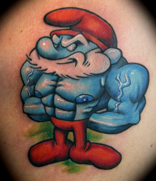 big blue smurf tattooed permanently on some part of the body.