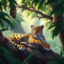In a South American jungle a jaguar is lying down