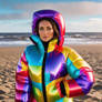 Multi coloured puffer suit