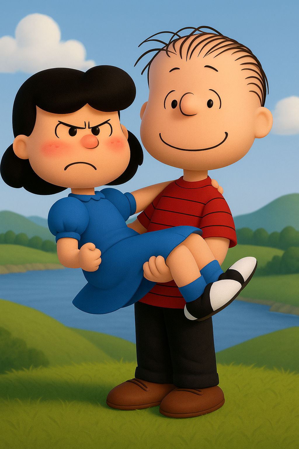 Linus van Pelt carrying Lucy van Pelt