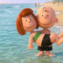 Charlie Brown carrying Peppermint Patty to swim