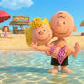 Charlie Brown carrying Sally Brown to swim