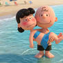 Charlie Brown carrying Lucy van Pelt to swim