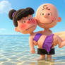 Charlie Brown carrying Violet Gray to swim