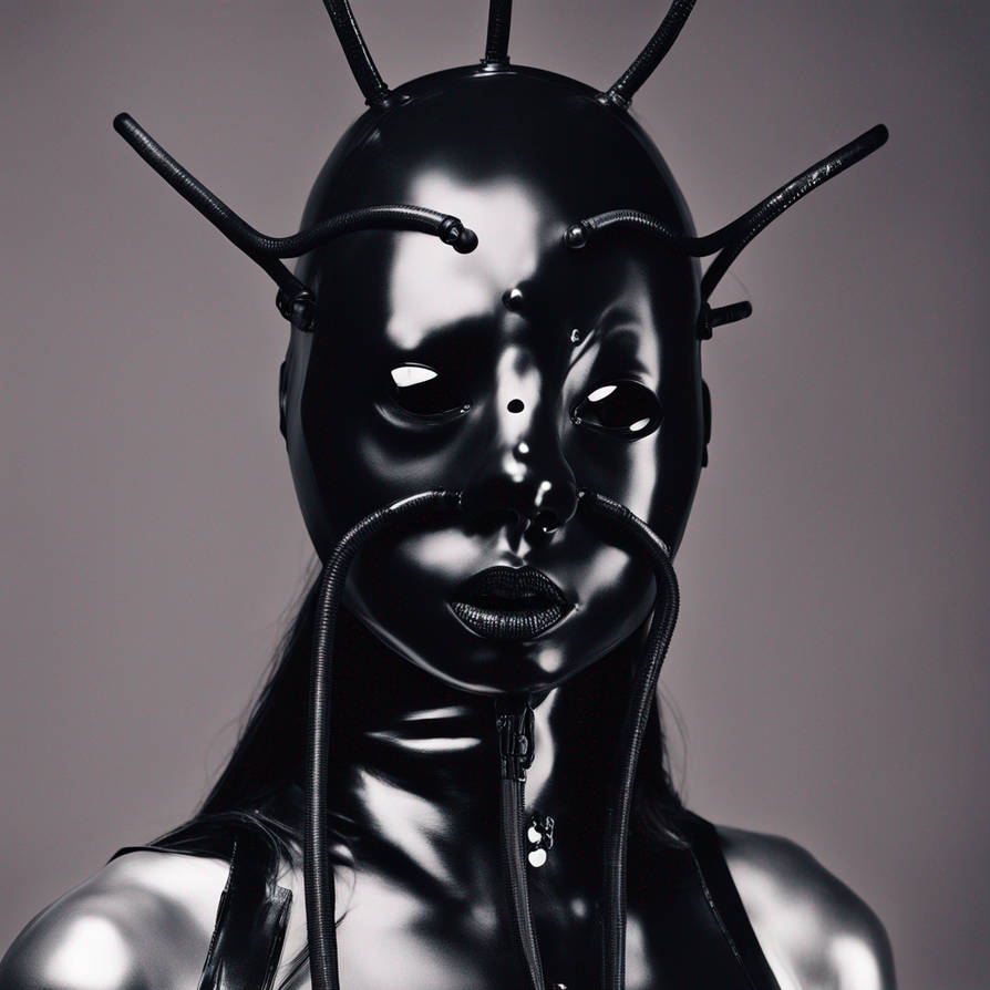 Her head covered in black latex