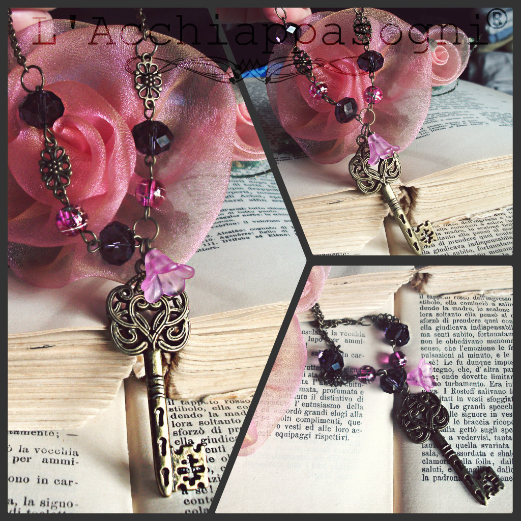 Bronze Key Necklace purple beads