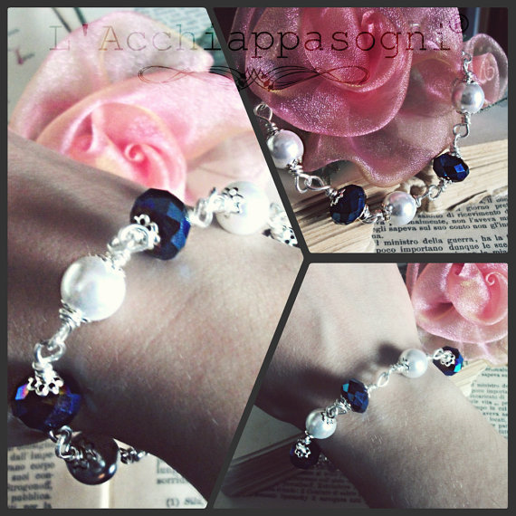 Crystal Blue Glass and White Pearls Bracelet