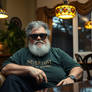 An old fat man with gray curly hair and a beard an