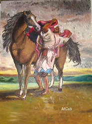 Arab saddling his horse