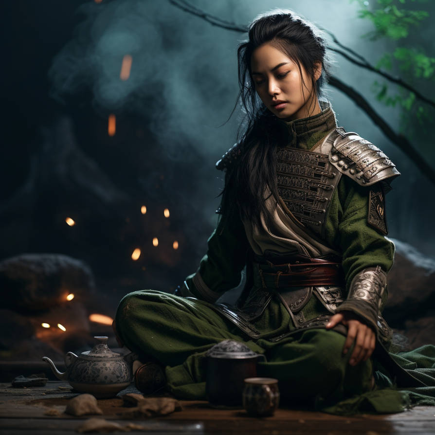 Beautiful Asian Warrior Meditation Drinking Green