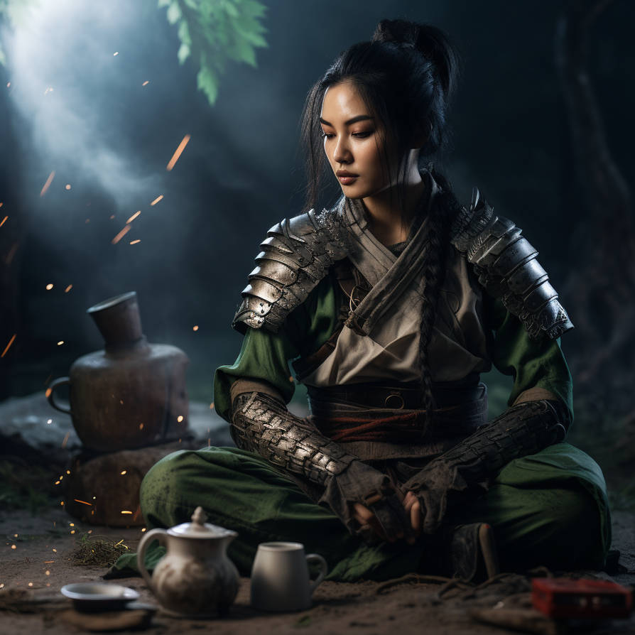 Beautiful Asian Warrior Meditation Drinking Green
