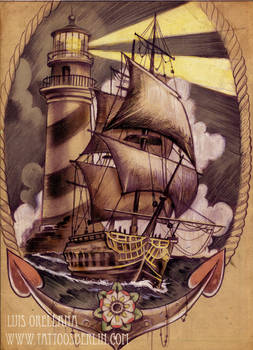 ship and lighthouse tattoo design