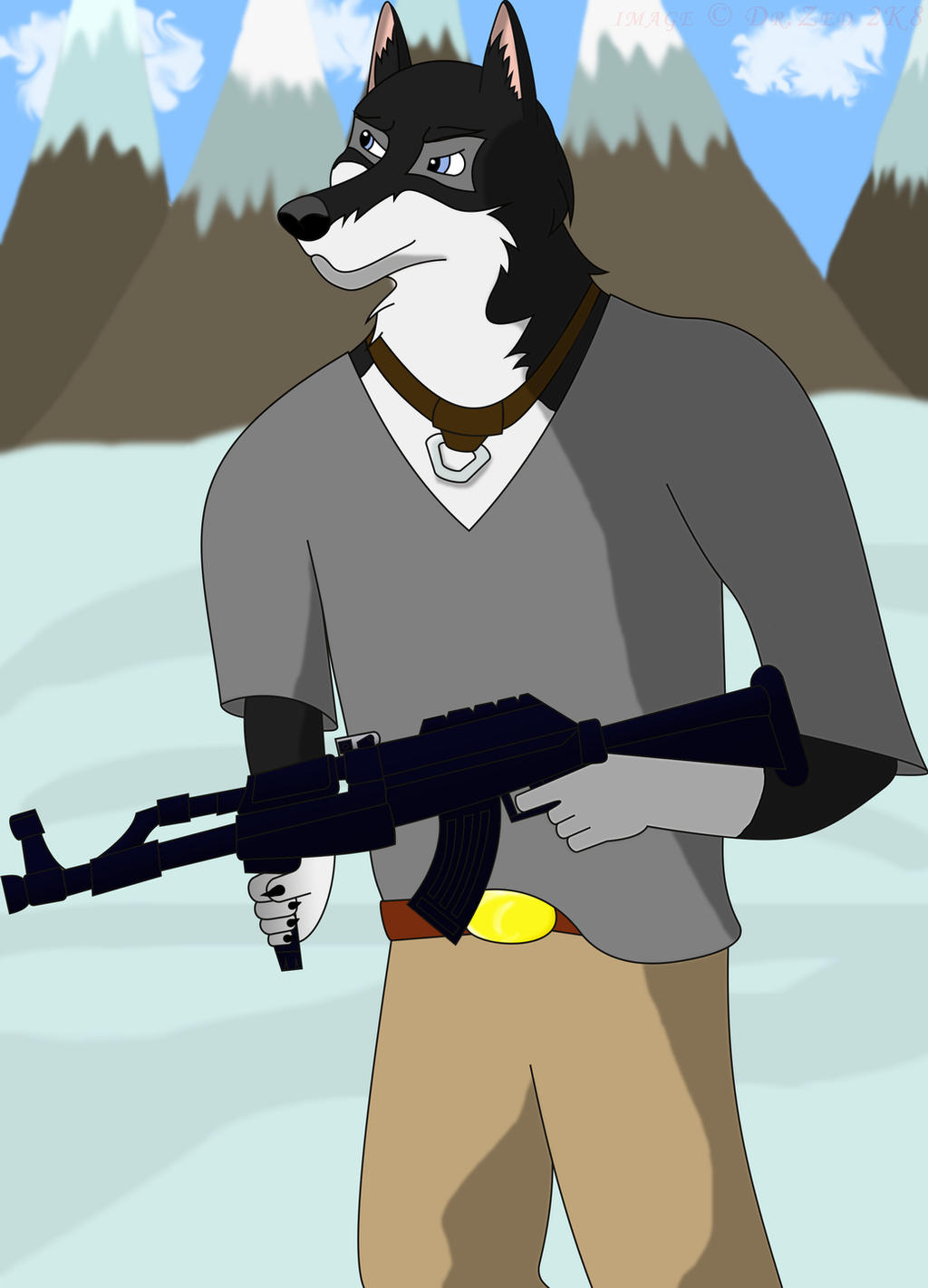 Husky with a gun