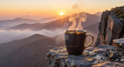 Designer Coffee Mug on Cliff at Sunrise
