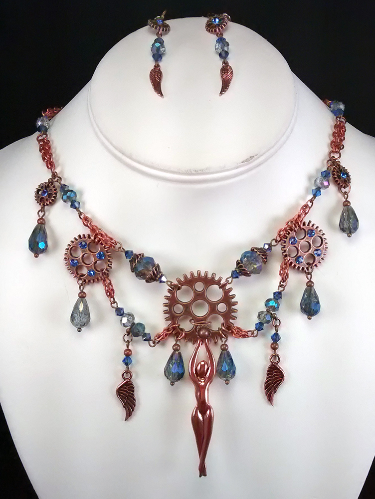 Mechanical Angel necklace and earring set by MetallicVisions