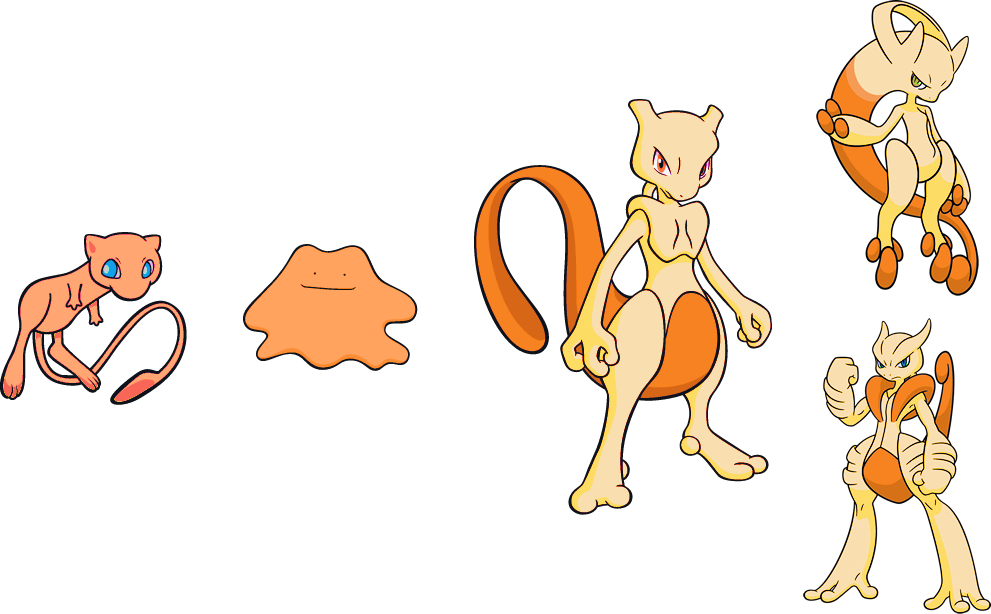 mew, mewtwo, and ditto (pokemon) drawn by arvalis