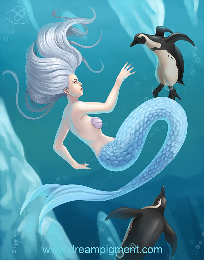 Mermaid With Penguins - COLOR