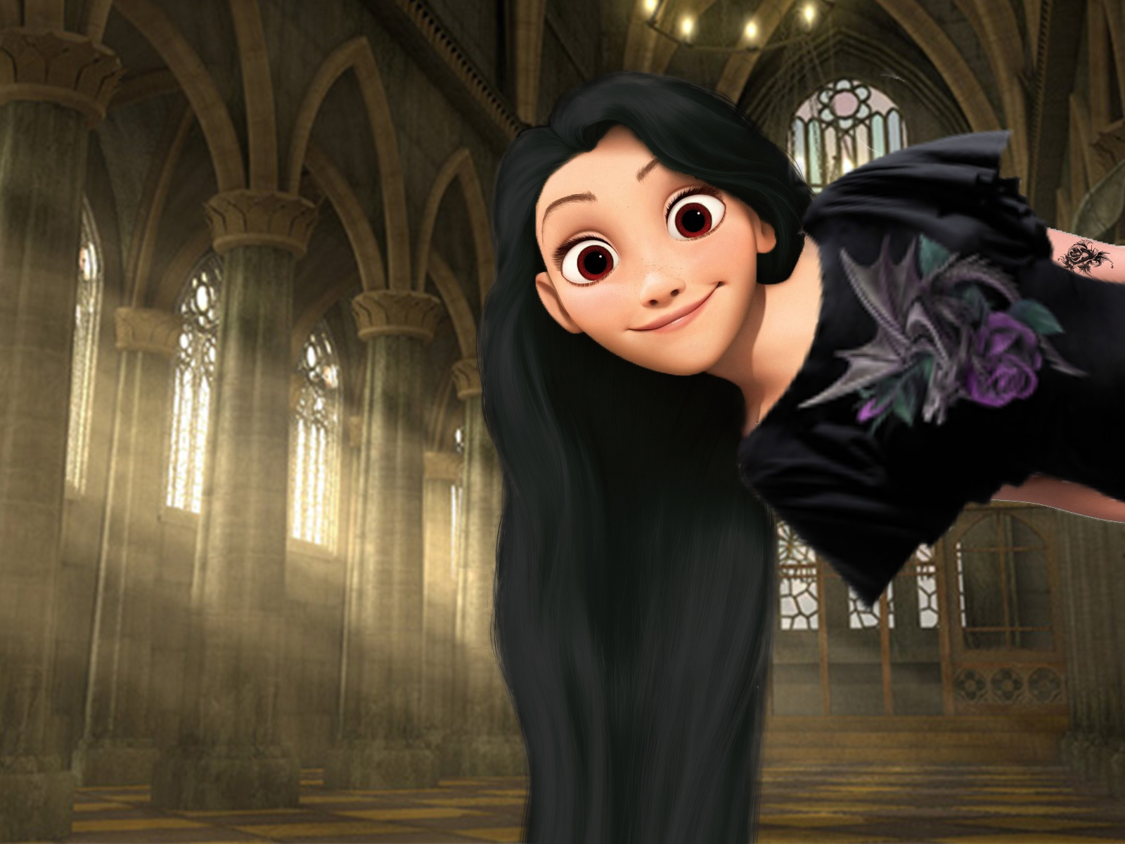 Принцесса с черными волосами. Рапунцель гот. Рапунцель с черными волосами. Принцесса с темными волосами.