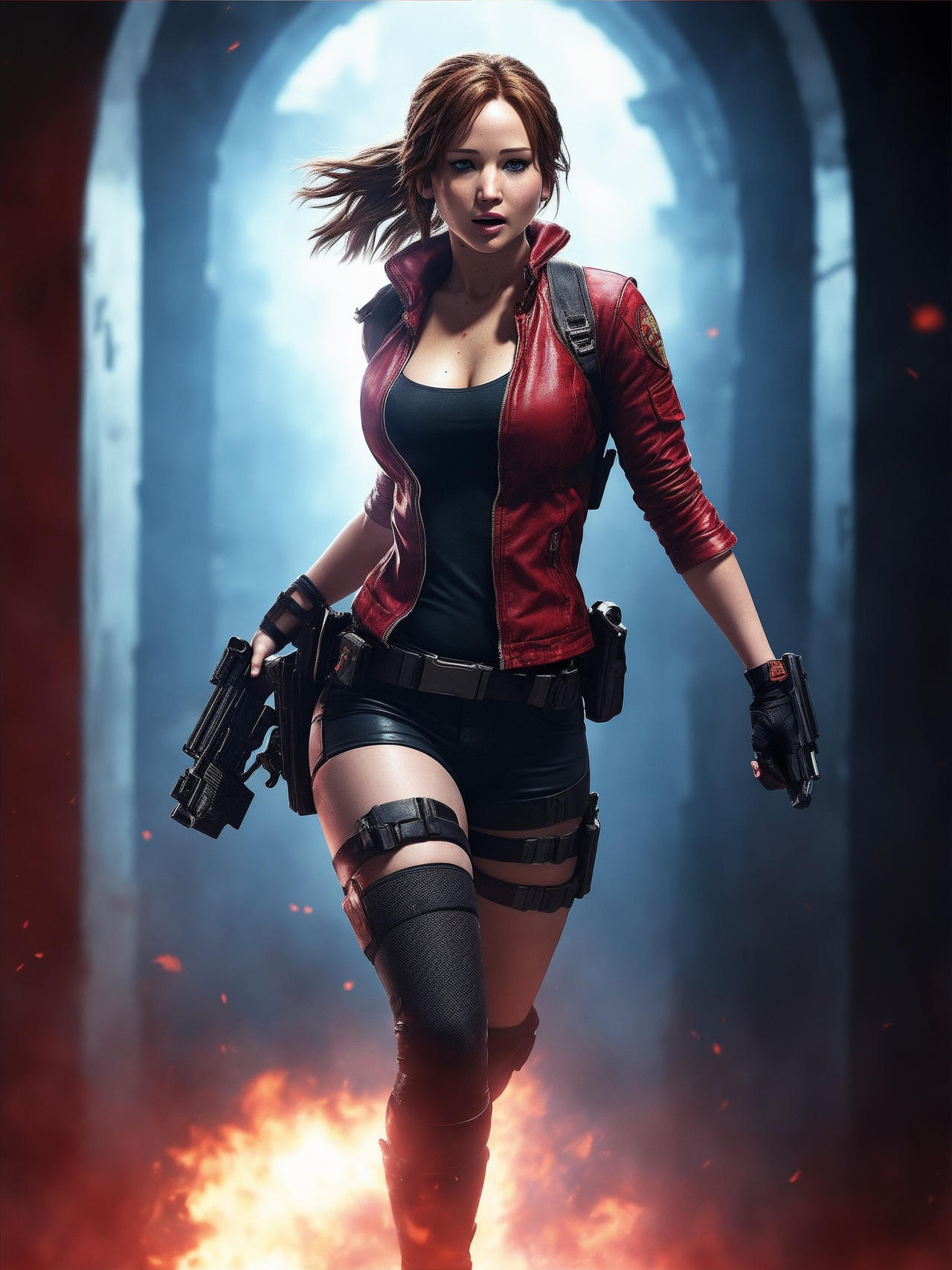 Jennifer lawrence with brown hair as claire redfield in a resident evil  cosplay in a movie portrait