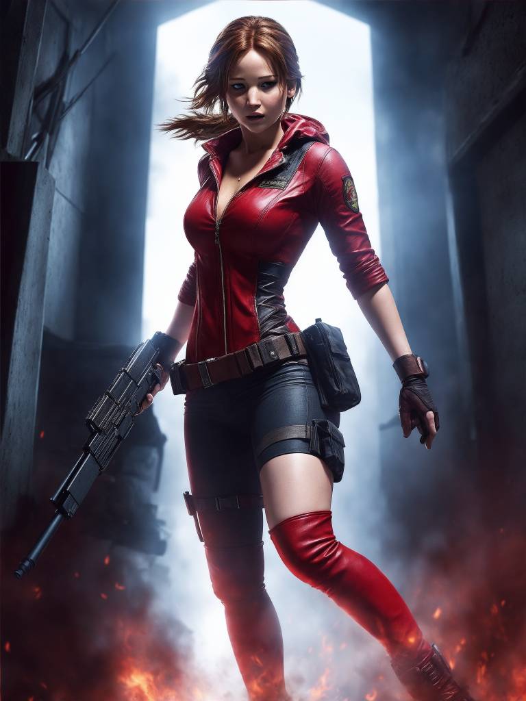 Jennifer lawrence with brown hair as claire redfield in a resident evil  cosplay in a movie portrait