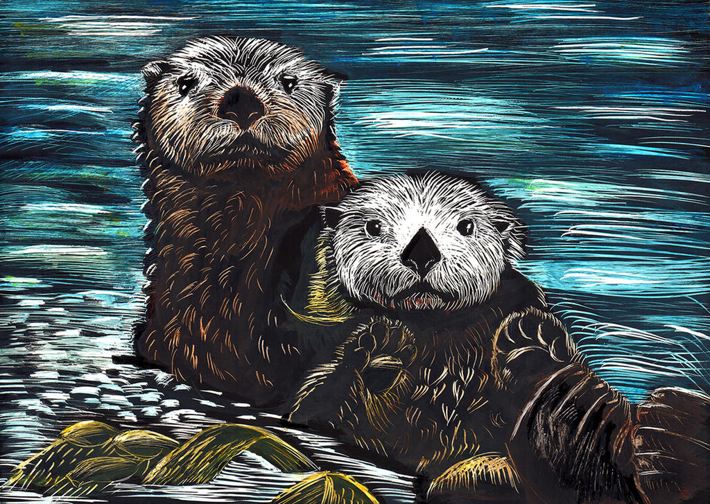 Scratchboard Sea Otters - Color