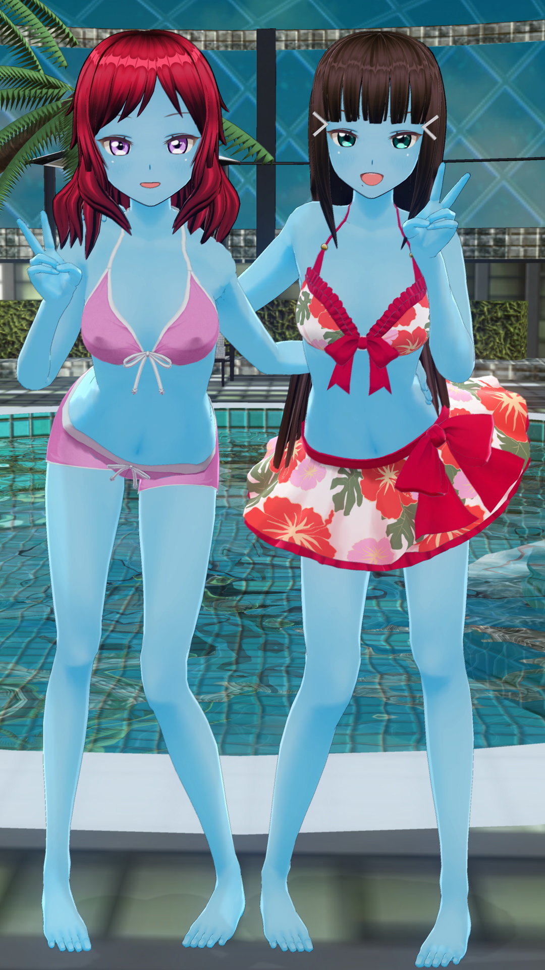 Maki and Dia at the pool (blue skin)