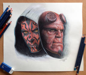 Darth Maul and Hellboy color pencil drawing