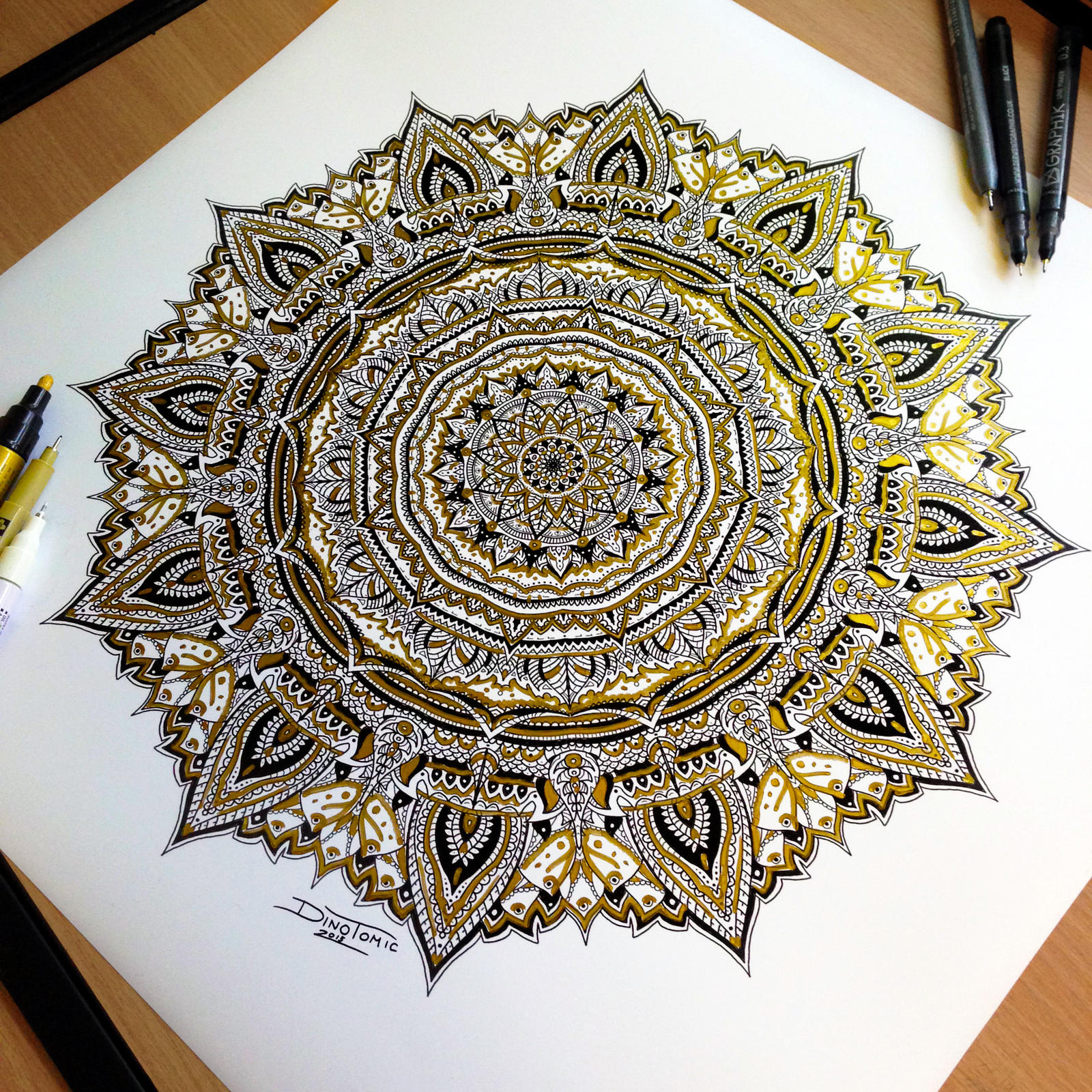 Golden Mandala Pen Drawing by AtomiccircuS