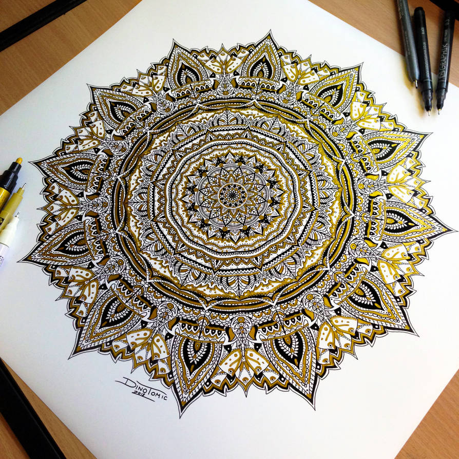 Golden Mandala Pen Drawing by AtomiccircuS