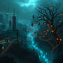 Panoramic Dark Fantasy Cyberpunk Scene, Neon City