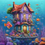 A house under the sea with colorful fish around an