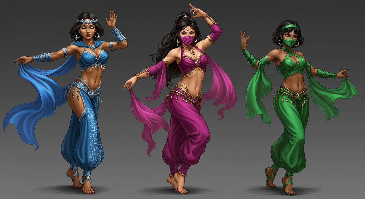 Kitana, Mileena and Jade as belly dancer by bnmayamba01 on DeviantArt Kitana, Mileena and Jade as belly dancer by bnmayamba01 on DeviantArt