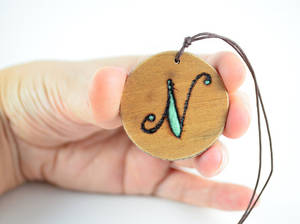 Wood burned initial necklace