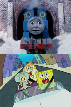 Thomas is about to crash into Sponge Squid and Puf