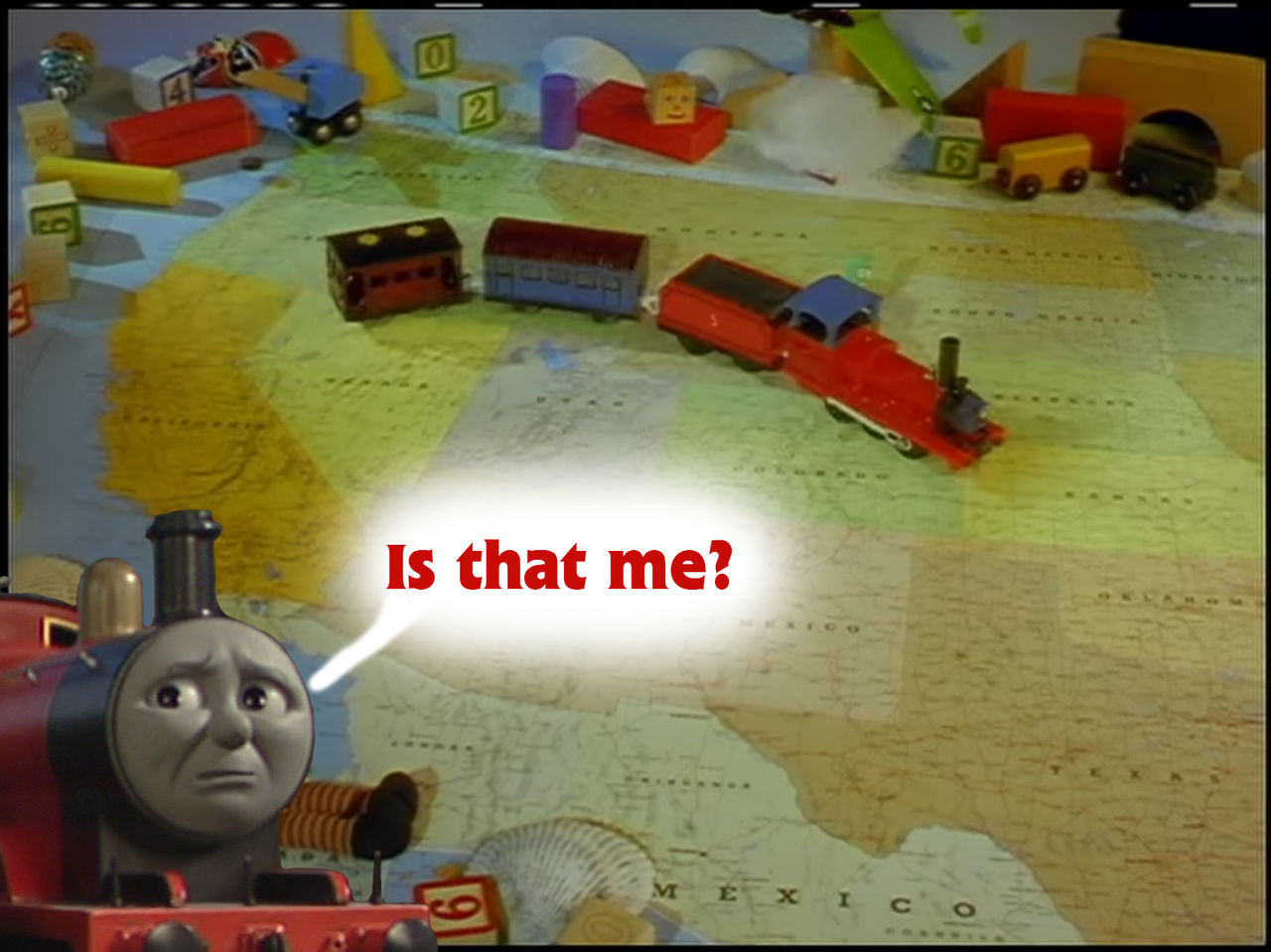 James' reaction to himself in Gumby