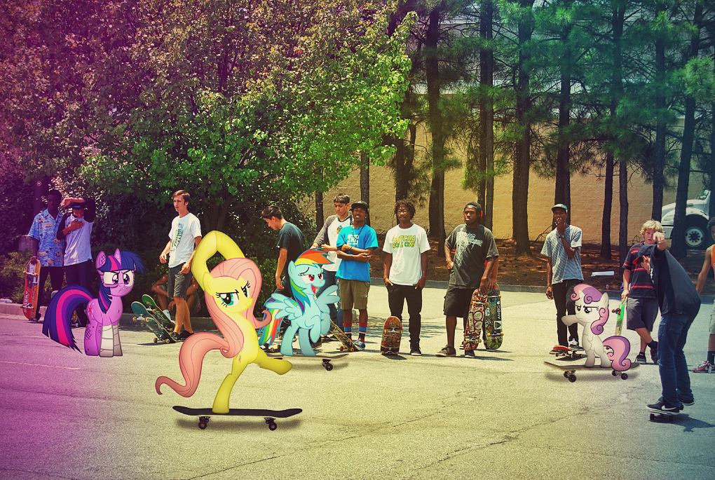 Fluttershy, Twily, And Sweetie Belle Skateboarding