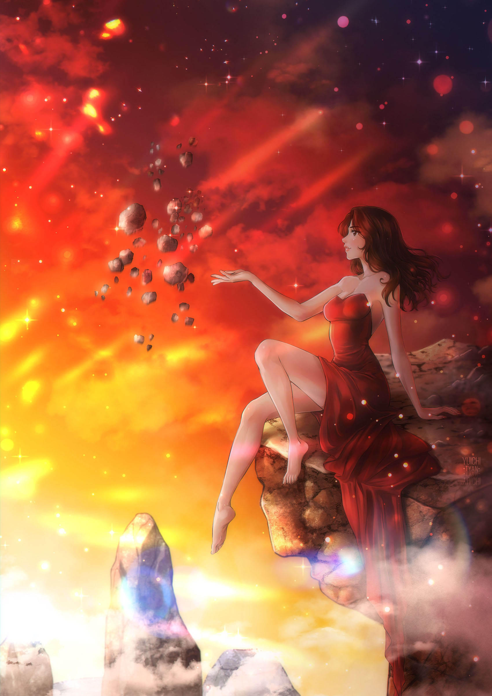 finished YCH girl in a red dress on a rock