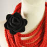 Red Crochet Infinity Scarf with Black Felted Rose