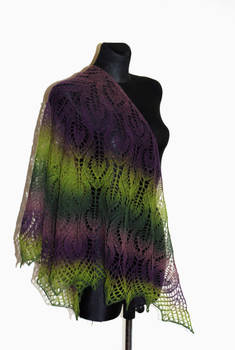 Hand knit lace shawl in green and purple