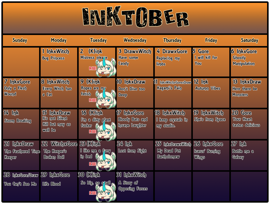 Inktober Calendar by Xenophilim on DeviantArt