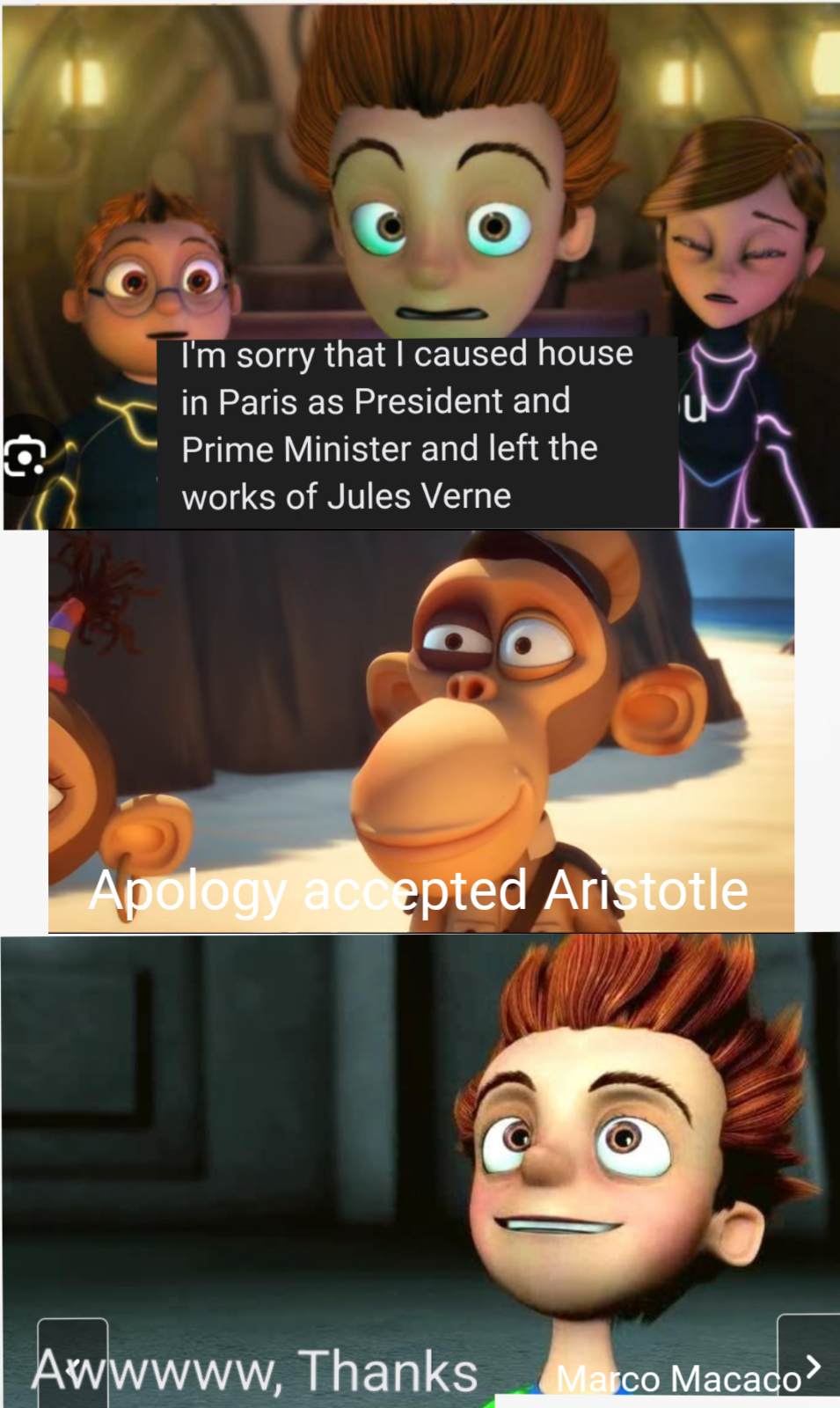 Marco Macaco accepts Aristotle's apology